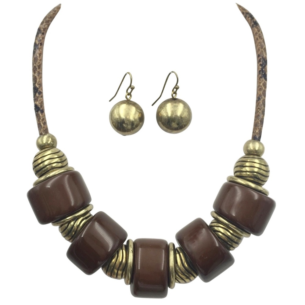 Chunky Brown Gold Bead Necklace Earrings Set